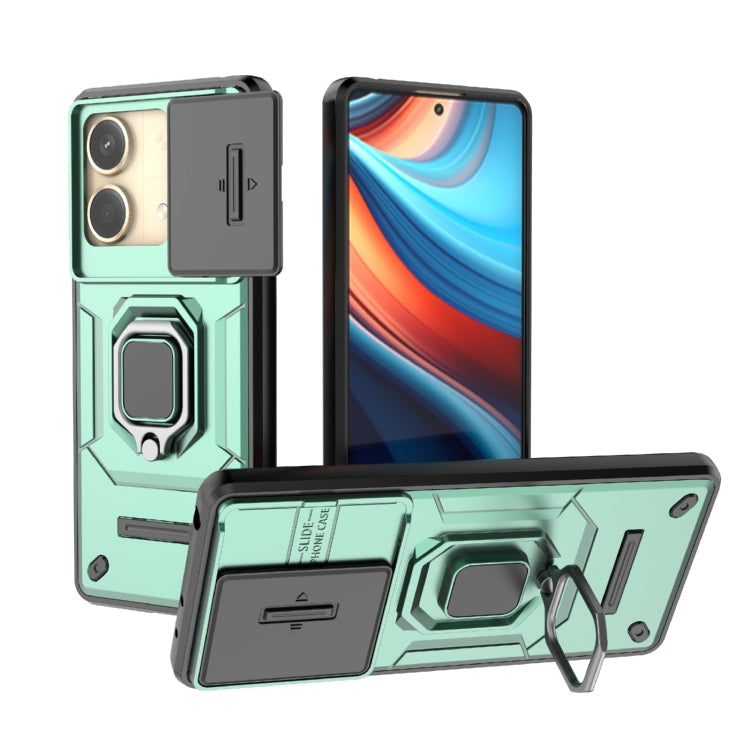 For Xiaomi Redmi Note 13R Pro 5G Sliding Camshield TPU + PC Shockproof Phone Case with Holder(Green) - Xiaomi Cases by PMC Jewellery | Online Shopping South Africa | PMC Jewellery | Buy Now Pay Later Mobicred