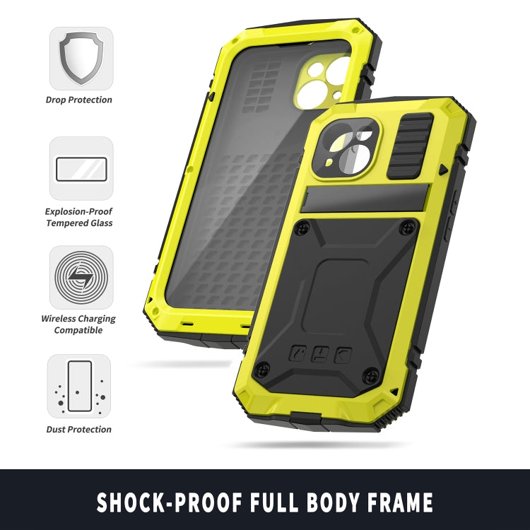 For iPhone 15 R-JUST Shockproof Life Waterproof Dust-proof Metal + Silicone Phone Case with Holder(Yellow) - iPhone 15 Cases by R-JUST | Online Shopping South Africa | PMC Jewellery