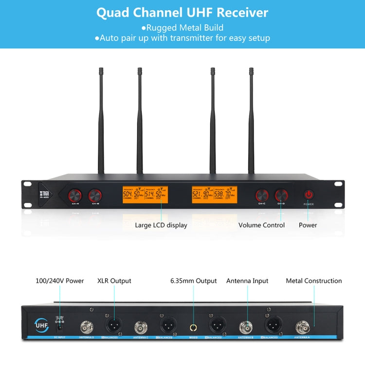 XTUGA A400-HB Professional 4-Channel UHF Wireless Microphone System with 2 Handheld & 2 Headset Microphone(AU Plug) - Microphone by XTUGA | Online Shopping South Africa | PMC TechLife | Buy Now Pay Later Mobicred
