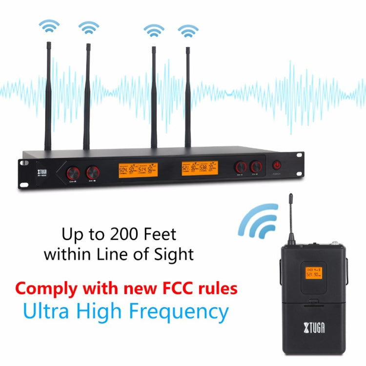 XTUGA A400-B Professional 4-Channel UHF Wireless Microphone System with 4 BodyPack Lavalier Headset Microphone(AU Plug) - Microphone by XTUGA | Online Shopping South Africa | PMC Jewellery | Buy Now Pay Later Mobicred