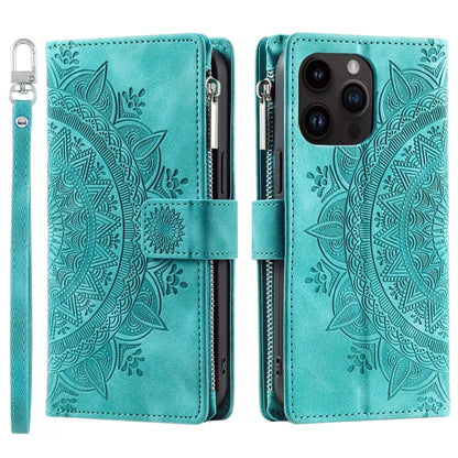 For iPhone 16 Pro Max Multi-Card Totem Zipper Leather Phone Case(Green) - iPhone 16 Pro Max Cases by PMC Jewellery | Online Shopping South Africa | PMC Jewellery | Buy Now Pay Later Mobicred