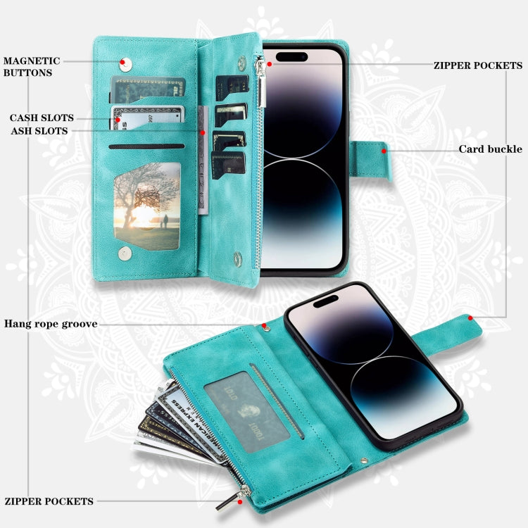 For iPhone 16 Pro Max Multi-Card Totem Zipper Leather Phone Case(Green) - iPhone 16 Pro Max Cases by PMC TechLife | Online Shopping South Africa | PMC TechLife | Buy Now Pay Later Mobicred