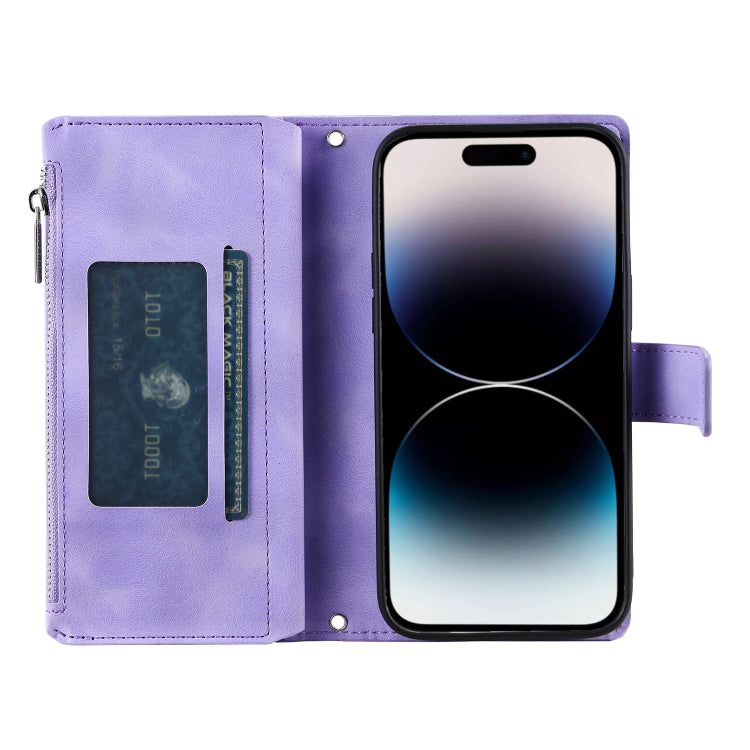 For iPhone 16 Pro Multi-Card Totem Zipper Leather Phone Case(Purple) - iPhone 16 Pro Cases by PMC Jewellery | Online Shopping South Africa | PMC Jewellery | Buy Now Pay Later Mobicred