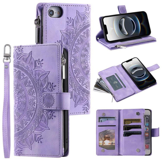 For iPhone 16e Multi-Card Totem Zipper Leather Phone Case(Purple) - iPhone 16e Cases by PMC Jewellery | Online Shopping South Africa | PMC Jewellery | Buy Now Pay Later Mobicred