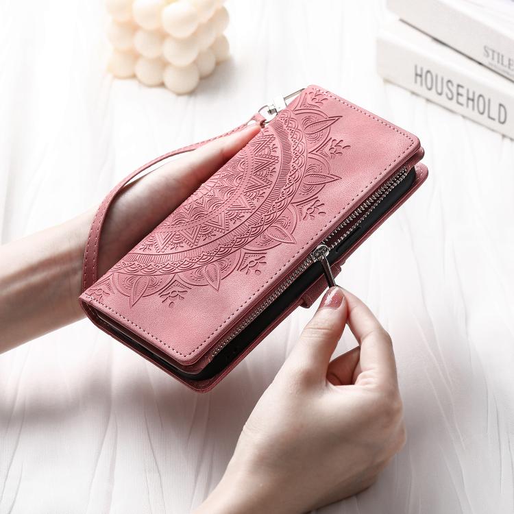 For iPhone 16e Multi-Card Totem Zipper Leather Phone Case(Pink) - iPhone 16e Cases by PMC TechLife | Online Shopping South Africa | PMC TechLife | Buy Now Pay Later Mobicred