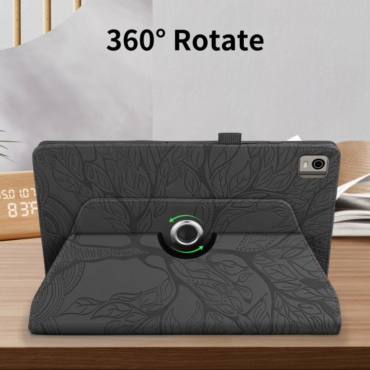 For Nokia T21 Tree Life Embossed Rotation Leather Tablet Case(Black) - Nokia by PMC TechLife | Online Shopping South Africa | PMC TechLife | Buy Now Pay Later Mobicred