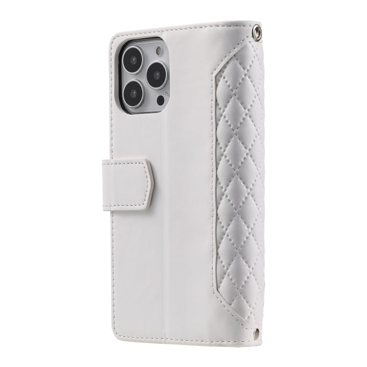 For iPhone 16 Pro Grid Texture Zipper Leather Phone Case with Lanyard(White) - iPhone 16 Pro Cases by PMC Jewellery | Online Shopping South Africa | PMC Jewellery | Buy Now Pay Later Mobicred