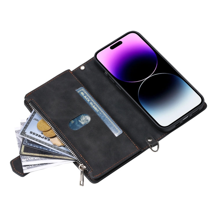 For iPhone 16 Plus Grid Texture Zipper Leather Phone Case with Lanyard(Black) - iPhone 16 Plus Cases by PMC Jewellery | Online Shopping South Africa | PMC Jewellery | Buy Now Pay Later Mobicred