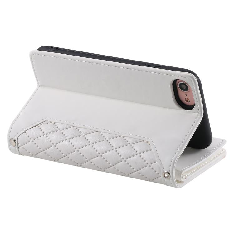 For iPhone 16e Grid Texture Zipper Leather Phone Case with Lanyard(White) - iPhone 16e Cases by PMC TechLife | Online Shopping South Africa | PMC TechLife | Buy Now Pay Later Mobicred