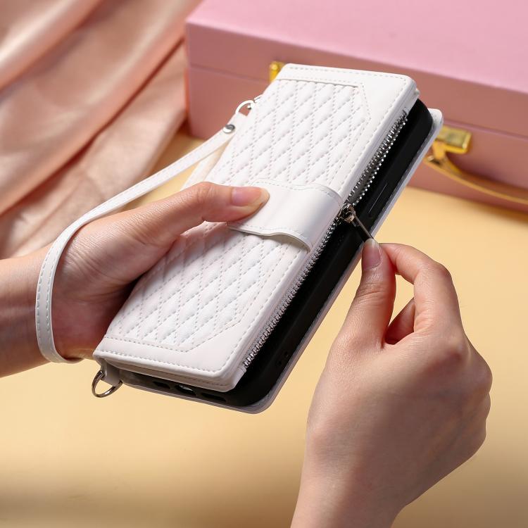 For iPhone 16e Grid Texture Zipper Leather Phone Case with Lanyard(White) - iPhone 16e Cases by PMC TechLife | Online Shopping South Africa | PMC TechLife | Buy Now Pay Later Mobicred