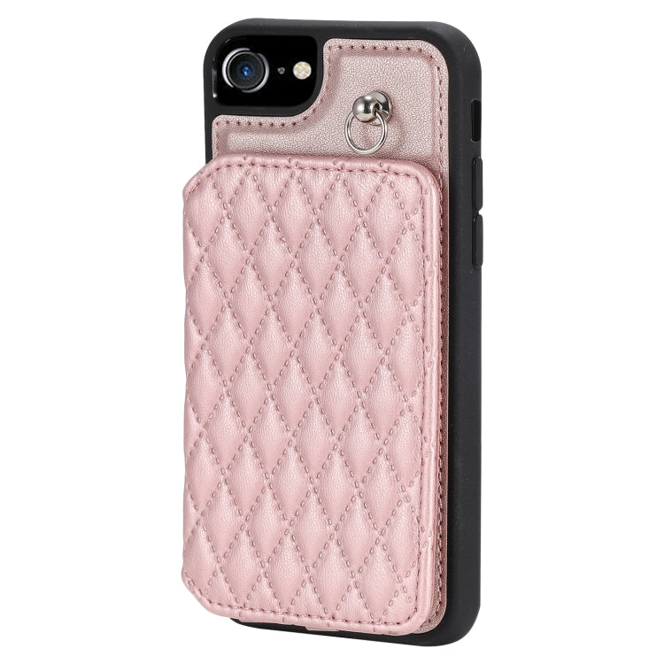 For iPhone SE 2022 / 2020 / 8 / 7 Grid Texture Card Bag Phone Case with Lanyard(Rose Gold) - iPhone SE 2022 / 2020 / 8 / 7 Cases by PMC TechLife | Online Shopping South Africa | PMC TechLife