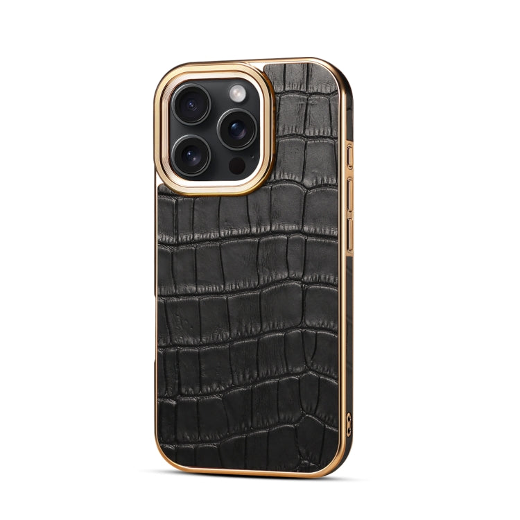 For iPhone 16 Pro Denior Crocodile Texture Genuine Leather Electroplating Phone Case(Black) - More iPhone Cases by Denior | Online Shopping South Africa | PMC Jewellery | Buy Now Pay Later Mobicred