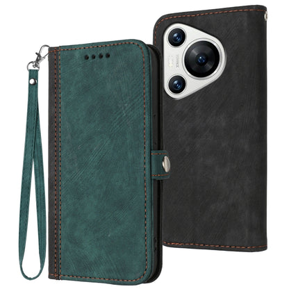 For Huawei Pura 70 Side Buckle Double Fold Hand Strap Leather Phone Case(Dark Green) - Huawei Cases by PMC Jewellery | Online Shopping South Africa | PMC Jewellery | Buy Now Pay Later Mobicred