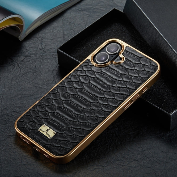 For iPhone 16 Fierre Shann Python Texture Electroplating PU Phone Case(Black) - iPhone 16 Cases by FIERRE SHANN | Online Shopping South Africa | PMC Jewellery | Buy Now Pay Later Mobicred