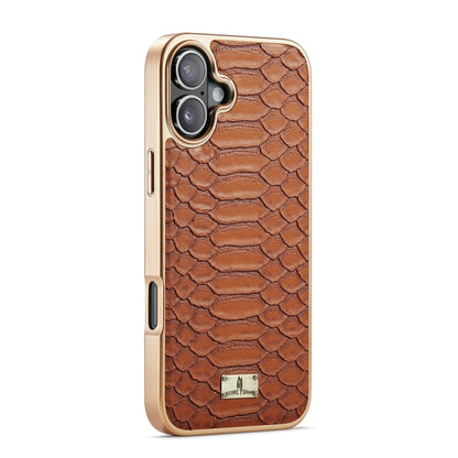 For iPhone 16 Fierre Shann Python Texture Electroplating PU Phone Case(Brown) - iPhone 16 Cases by FIERRE SHANN | Online Shopping South Africa | PMC Jewellery | Buy Now Pay Later Mobicred