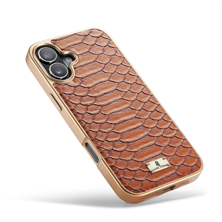 For iPhone 16 Fierre Shann Python Texture Electroplating PU Phone Case(Brown) - iPhone 16 Cases by FIERRE SHANN | Online Shopping South Africa | PMC Jewellery | Buy Now Pay Later Mobicred