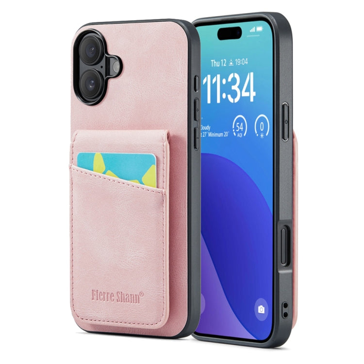 For iPhone 16 Plus Fierre Shann Crazy Horse Card Holder Back Cover PU Phone Case(Pink) - iPhone 16 Plus Cases by FIERRE SHANN | Online Shopping South Africa | PMC Jewellery | Buy Now Pay Later Mobicred