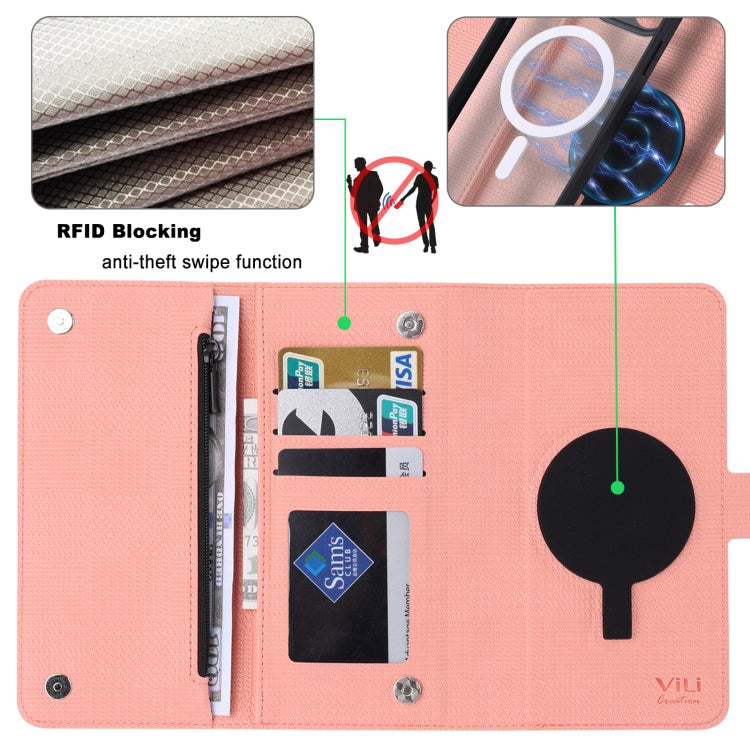 For iPhone 13 Pro ViLi GHB Series MagSafe Magnetic Zipper Leather Phone Case(Pink) - iPhone 13 Pro Cases by ViLi | Online Shopping South Africa | PMC Jewellery | Buy Now Pay Later Mobicred