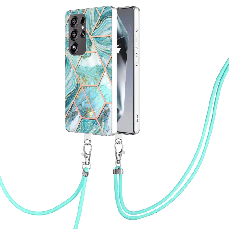 For Samsung Galaxy S25 Ultra 5G Electroplating IMD Splicing Dual-side Marble TPU Phone Case with Lanyard(Blue) - Galaxy S25 Ultra 5G Cases by PMC Jewellery | Online Shopping South Africa | PMC Jewellery | Buy Now Pay Later Mobicred