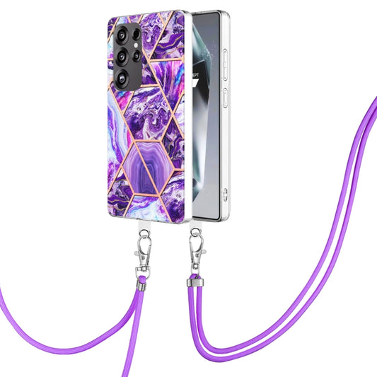 For Samsung Galaxy S25 Ultra 5G Electroplating IMD Splicing Dual-side Marble TPU Phone Case with Lanyard(Dark Purple) - Galaxy S25 Ultra 5G Cases by PMC Jewellery | Online Shopping South Africa | PMC Jewellery | Buy Now Pay Later Mobicred