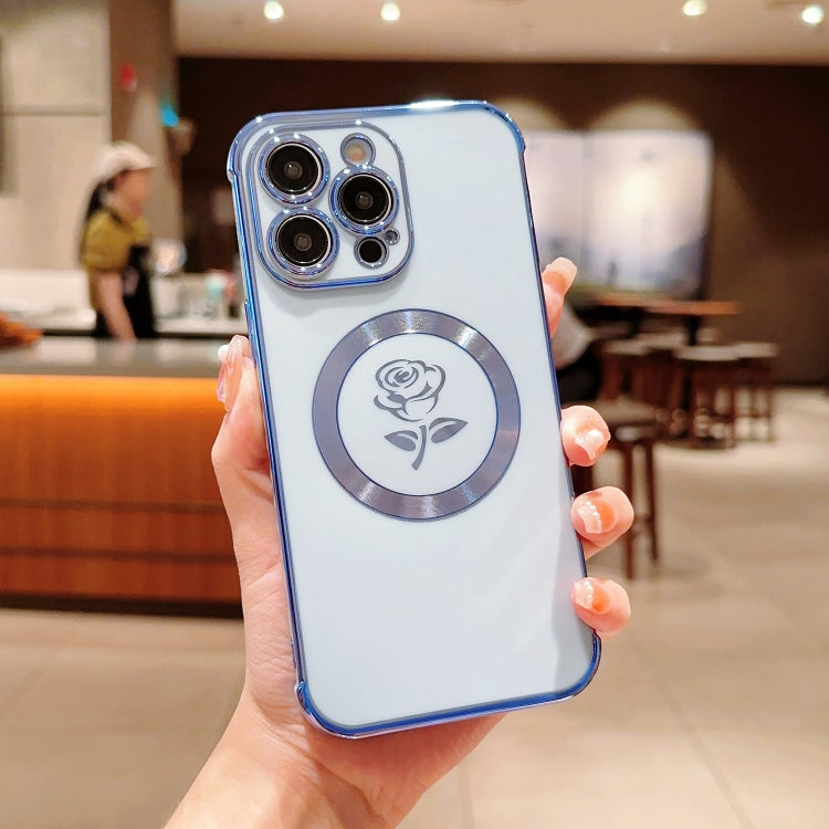 For iPhone 14 Pro Max Electroplate Side Roses Flower MagSafe Phone Case(Blue) - iPhone 14 Pro Max Cases by PMC Jewellery | Online Shopping South Africa | PMC Jewellery