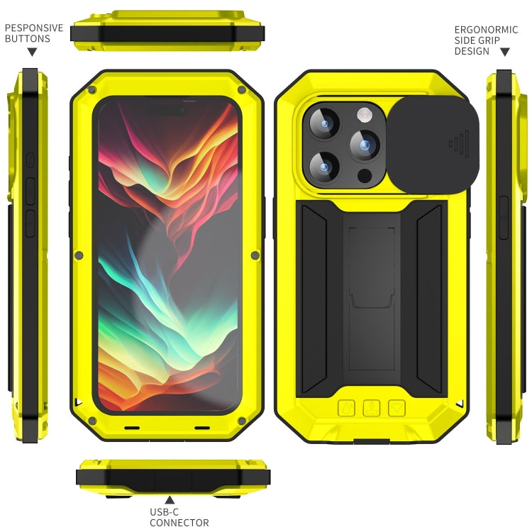 For iPhone 15 Pro R-JUST Sliding Camera IP54 Life Waterproof Holder Phone Case(Yellow) - iPhone 15 Pro Cases by R-JUST | Online Shopping South Africa | PMC Jewellery | Buy Now Pay Later Mobicred