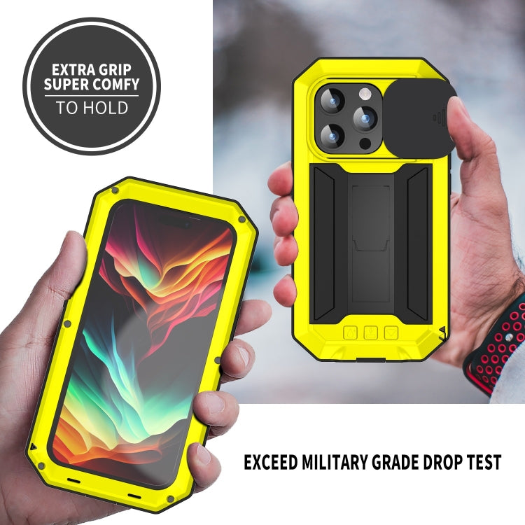 For iPhone 15 Pro R-JUST Sliding Camera IP54 Life Waterproof Holder Phone Case(Yellow) - iPhone 15 Pro Cases by R-JUST | Online Shopping South Africa | PMC TechLife | Buy Now Pay Later Mobicred