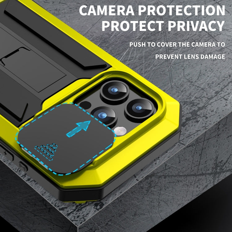 For iPhone 15 Pro R-JUST Sliding Camera IP54 Life Waterproof Holder Phone Case(Yellow) - iPhone 15 Pro Cases by R-JUST | Online Shopping South Africa | PMC TechLife | Buy Now Pay Later Mobicred