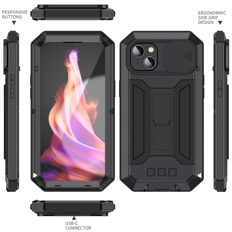 For iPhone 15 Plus R-JUST Sliding Camera IP54 Life Water-resistant Holder Phone Case(Black) - iPhone 15 Plus Cases by R-JUST | Online Shopping South Africa | PMC TechLife | Buy Now Pay Later Mobicred