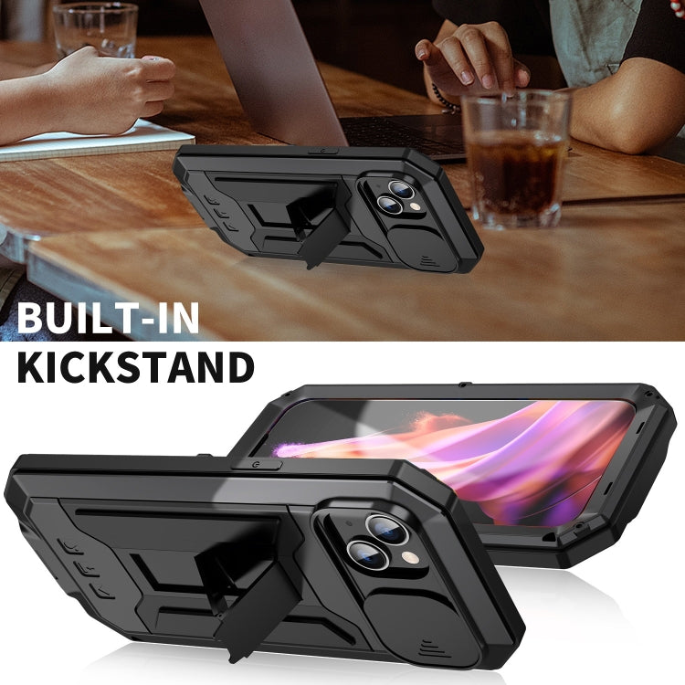 For iPhone 15 Plus R-JUST Sliding Camera IP54 Life Water-resistant Holder Phone Case(Black) - iPhone 15 Plus Cases by R-JUST | Online Shopping South Africa | PMC TechLife | Buy Now Pay Later Mobicred