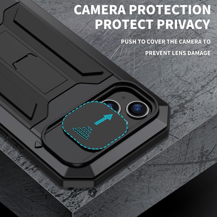 For iPhone 15 Plus R-JUST Sliding Camera IP54 Life Water-resistant Holder Phone Case(Black) - iPhone 15 Plus Cases by R-JUST | Online Shopping South Africa | PMC TechLife | Buy Now Pay Later Mobicred
