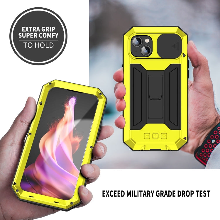 For iPhone 15 R-JUST Sliding Camera IP54 Life Waterproof Holder Phone Case(Yellow) - iPhone 15 Cases by R-JUST | Online Shopping South Africa | PMC TechLife | Buy Now Pay Later Mobicred