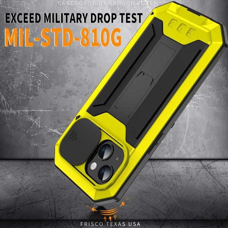 For iPhone 15 R-JUST Sliding Camera IP54 Life Waterproof Holder Phone Case(Yellow) - iPhone 15 Cases by R-JUST | Online Shopping South Africa | PMC TechLife | Buy Now Pay Later Mobicred