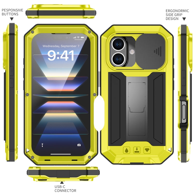 For iPhone 16 Plus R-JUST Sliding Camera IP54 Life Waterproof Holder Phone Case(Yellow) - iPhone 16 Plus Cases by R-JUST | Online Shopping South Africa | PMC Jewellery | Buy Now Pay Later Mobicred