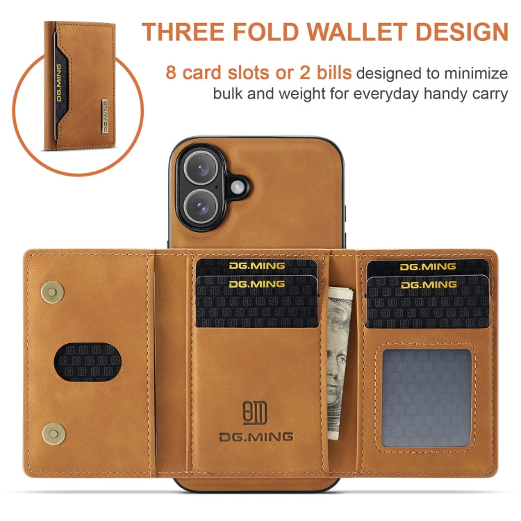 For iPhone 16 DG.MING M2 Series 3-Fold Card Bag Wallet Leather Phone Case(Brown) - iPhone 16 Cases by DG.MING | Online Shopping South Africa | PMC Jewellery | Buy Now Pay Later Mobicred