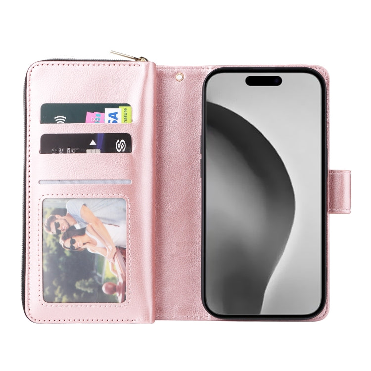 For iPhone 16 Pro Max 9 Card Slots Zipper Wallet Bag Leather Phone Case(Rose Gold) - iPhone 16 Pro Max Cases by PMC Jewellery | Online Shopping South Africa | PMC Jewellery | Buy Now Pay Later Mobicred