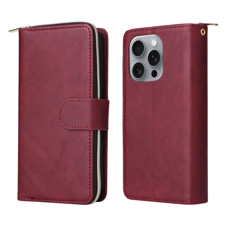 For iPhone 16 Pro Max 9 Card Slots Zipper Wallet Bag Leather Phone Case(Wine Red) - iPhone 16 Pro Max Cases by PMC Jewellery | Online Shopping South Africa | PMC Jewellery | Buy Now Pay Later Mobicred