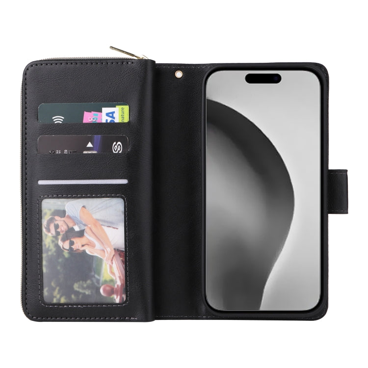 For iPhone 16 Pro Max 9 Card Slots Zipper Wallet Bag Leather Phone Case(Black) - iPhone 16 Pro Max Cases by PMC Jewellery | Online Shopping South Africa | PMC Jewellery | Buy Now Pay Later Mobicred