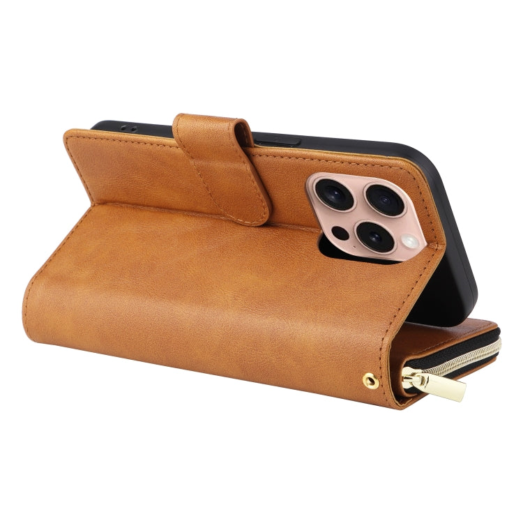 For iPhone 16 Pro 9 Card Slots Zipper Wallet Bag Leather Phone Case(Brown) - iPhone 16 Pro Cases by PMC TechLife | Online Shopping South Africa | PMC TechLife | Buy Now Pay Later Mobicred