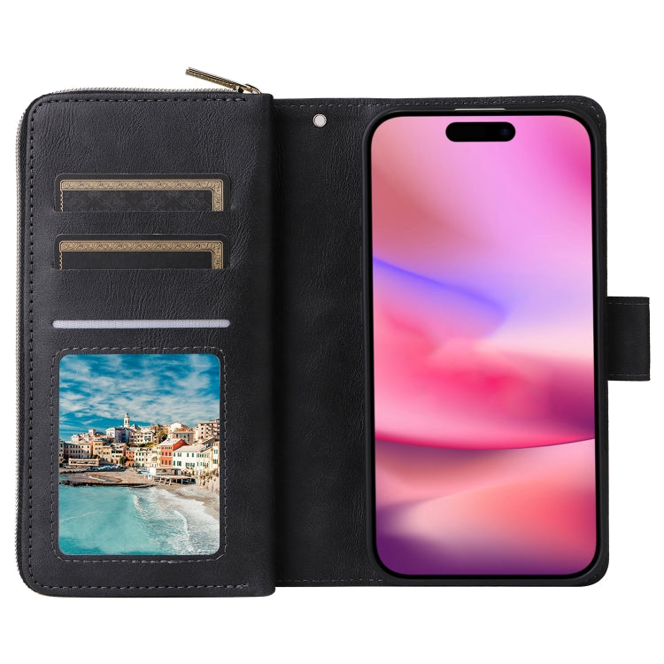 For iPhone 16 9 Card Slots Zipper Wallet Bag Leather Phone Case(Black) - iPhone 16 Cases by PMC Jewellery | Online Shopping South Africa | PMC Jewellery | Buy Now Pay Later Mobicred