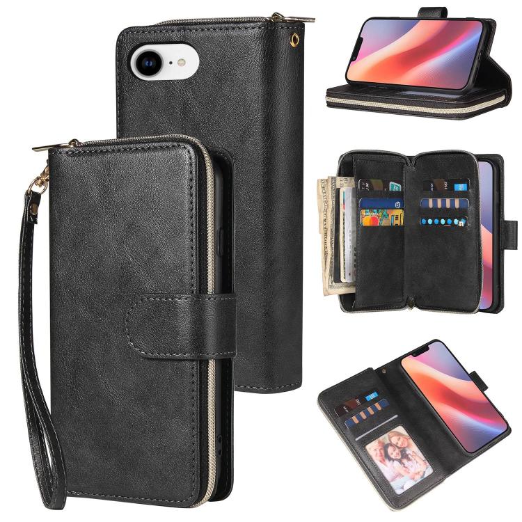 For iPhone 16e 9 Card Slots Zipper Wallet Bag Leather Phone Case(Black) - iPhone 16e Cases by PMC TechLife | Online Shopping South Africa | PMC TechLife | Buy Now Pay Later Mobicred