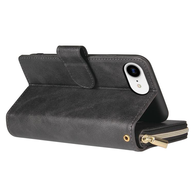 For iPhone 16e 9 Card Slots Zipper Wallet Bag Leather Phone Case(Black) - iPhone 16e Cases by PMC TechLife | Online Shopping South Africa | PMC TechLife | Buy Now Pay Later Mobicred