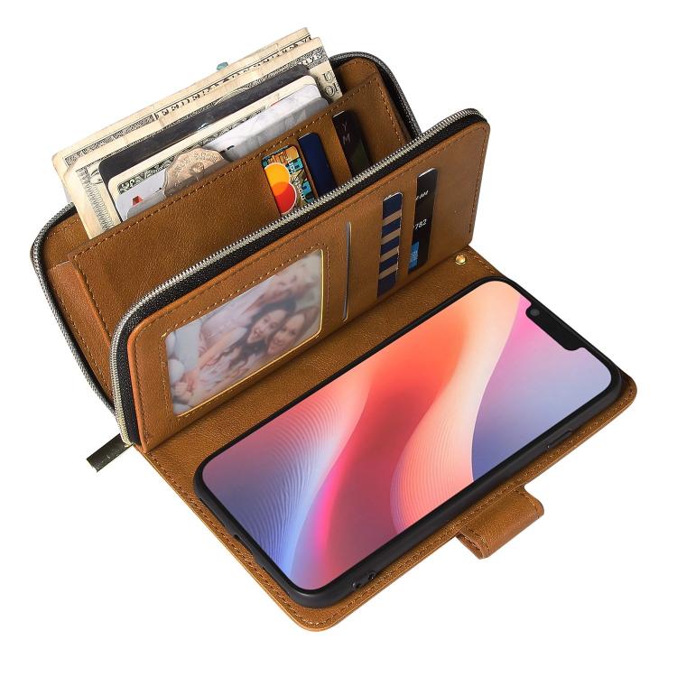 For iPhone 16e 9 Card Slots Zipper Wallet Bag Leather Phone Case(Brown) - iPhone 16e Cases by PMC TechLife | Online Shopping South Africa | PMC TechLife | Buy Now Pay Later Mobicred