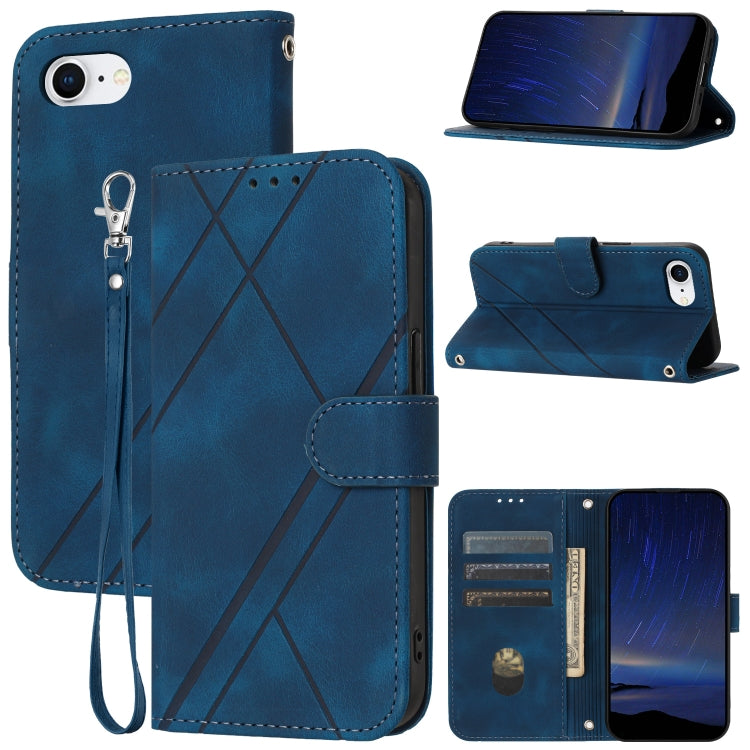 For iPhone SE 2024 Embossed Line Leather Phone Case with Lanyard(Blue) - More iPhone Cases by PMC Jewellery | Online Shopping South Africa | PMC Jewellery | Buy Now Pay Later Mobicred