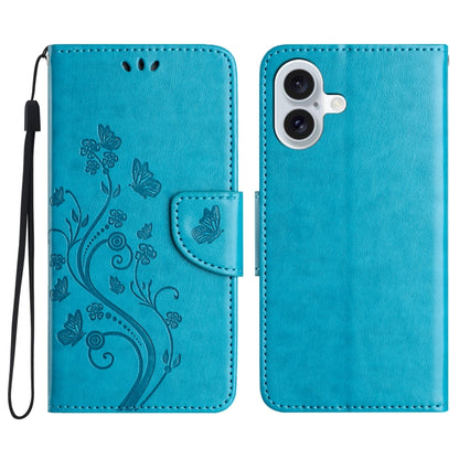 For iPhone 16 Plus Butterfly Flower Pattern Flip Leather Phone Case(Blue) - iPhone 16 Plus Cases by PMC Jewellery | Online Shopping South Africa | PMC Jewellery | Buy Now Pay Later Mobicred