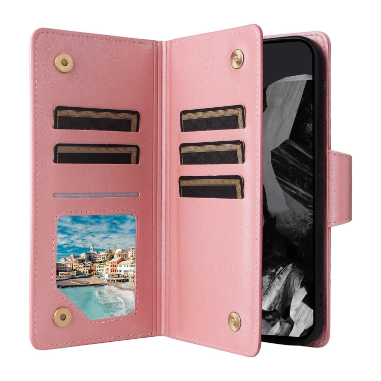 For Google Pixel 9 Pro Rivet Buckle 9 Cards Three Fold Leather Phone Case(Rose Gold) - Google Cases by PMC Jewellery | Online Shopping South Africa | PMC Jewellery | Buy Now Pay Later Mobicred