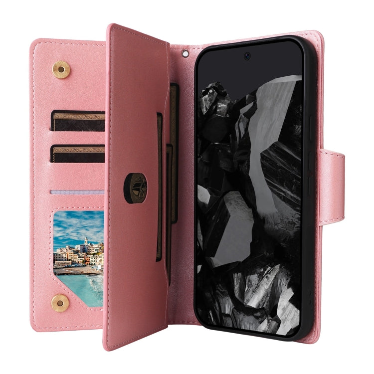 For Google Pixel 9 Pro Rivet Buckle 9 Cards Three Fold Leather Phone Case(Rose Gold) - Google Cases by PMC Jewellery | Online Shopping South Africa | PMC Jewellery | Buy Now Pay Later Mobicred