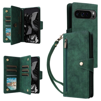 For Google Pixel 9 Pro Rivet Buckle 9 Cards Three Fold Leather Phone Case(Green) - Google Cases by PMC Jewellery | Online Shopping South Africa | PMC Jewellery | Buy Now Pay Later Mobicred