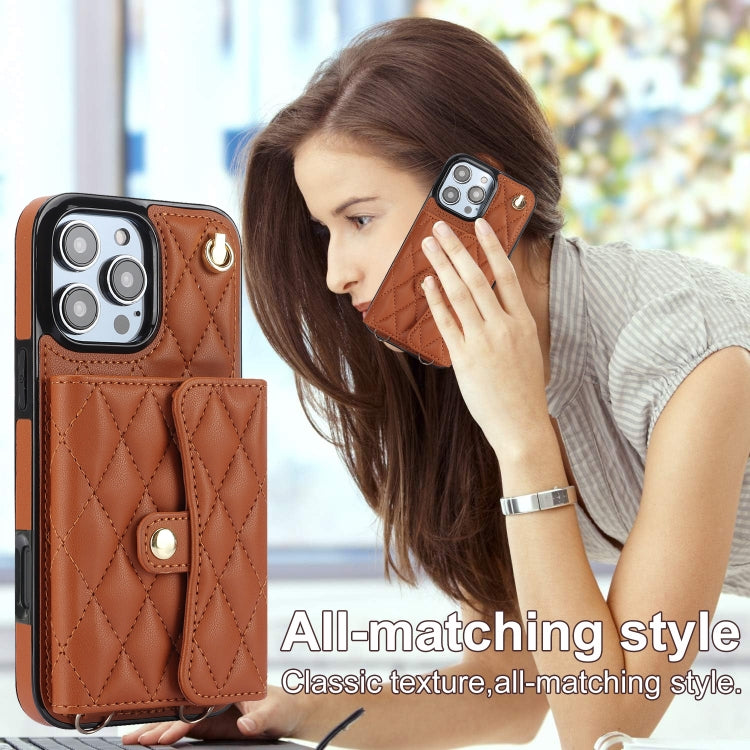 For iPhone 16 Pro Max Crossbody Rhombic Horizontal Wallet Leather Phone Case(Brown) - iPhone 16 Pro Max Cases by PMC Jewellery | Online Shopping South Africa | PMC Jewellery | Buy Now Pay Later Mobicred