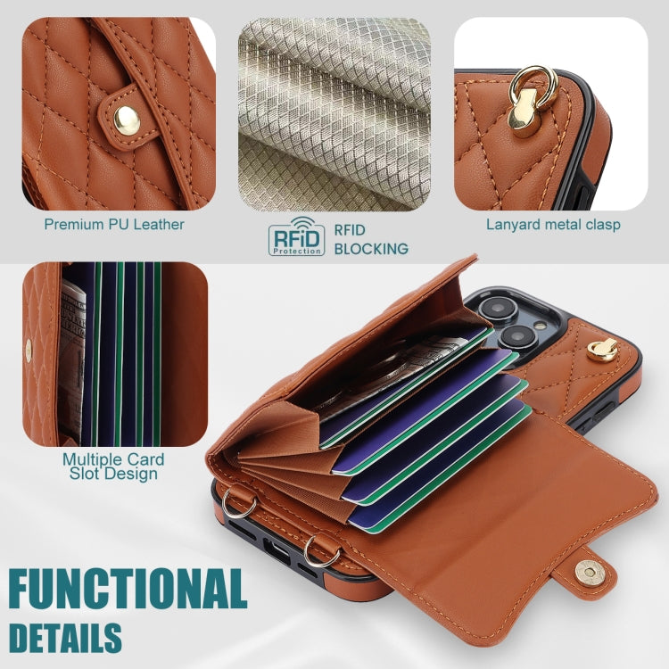 For iPhone 16 Pro Crossbody Rhombic Horizontal Wallet Leather Phone Case(Brown) - iPhone 16 Pro Cases by PMC Jewellery | Online Shopping South Africa | PMC Jewellery | Buy Now Pay Later Mobicred